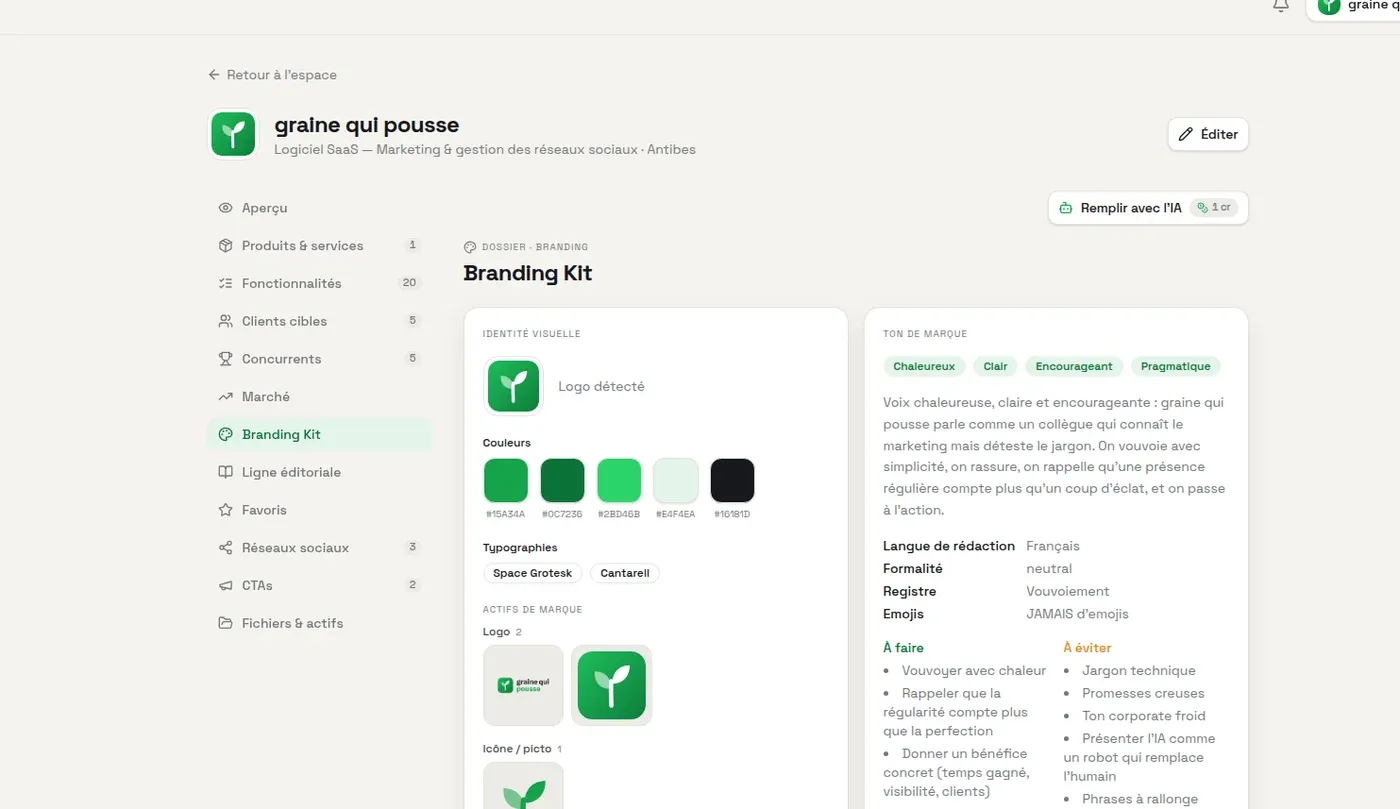 The graine qui pousse Branding Kit: logo, a palette of greens, fonts, and a warm, clear, encouraging and pragmatic tone.