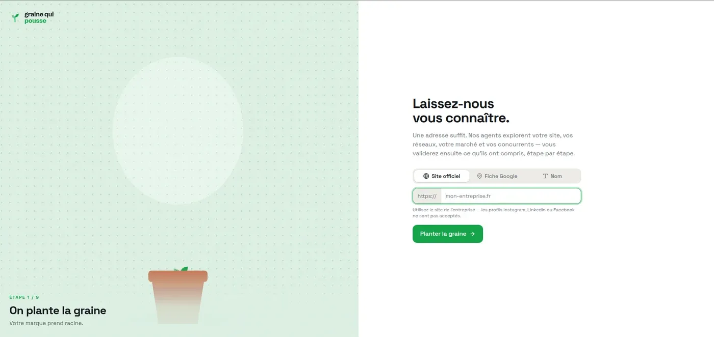 The screen that starts the analysis in graine qui pousse, with the three ways to identify the business.
