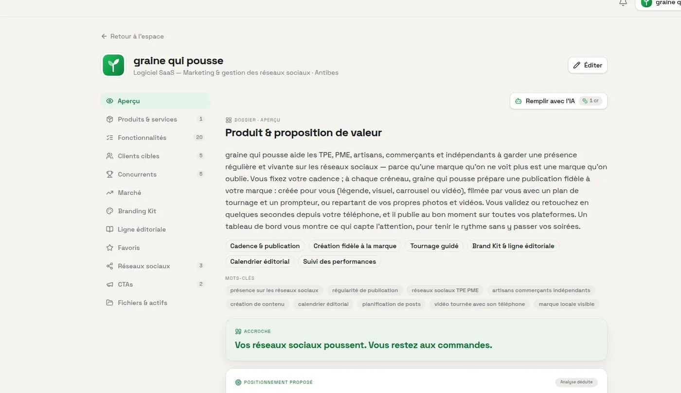 The graine qui pousse brand dossier: business overview and the menu of editable sections.