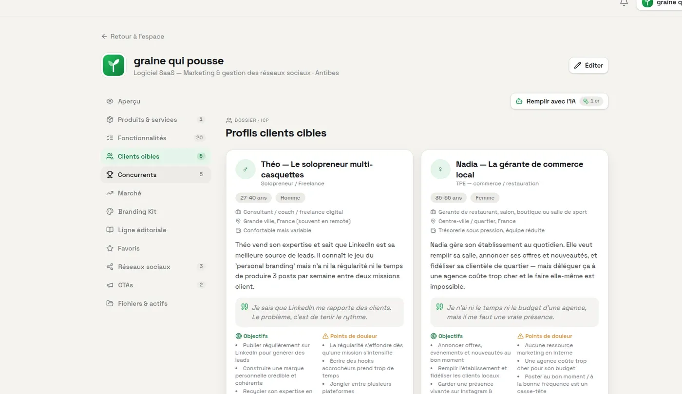 Two suggested personas, a freelancer and a local shop manager, with their goals and pain points.