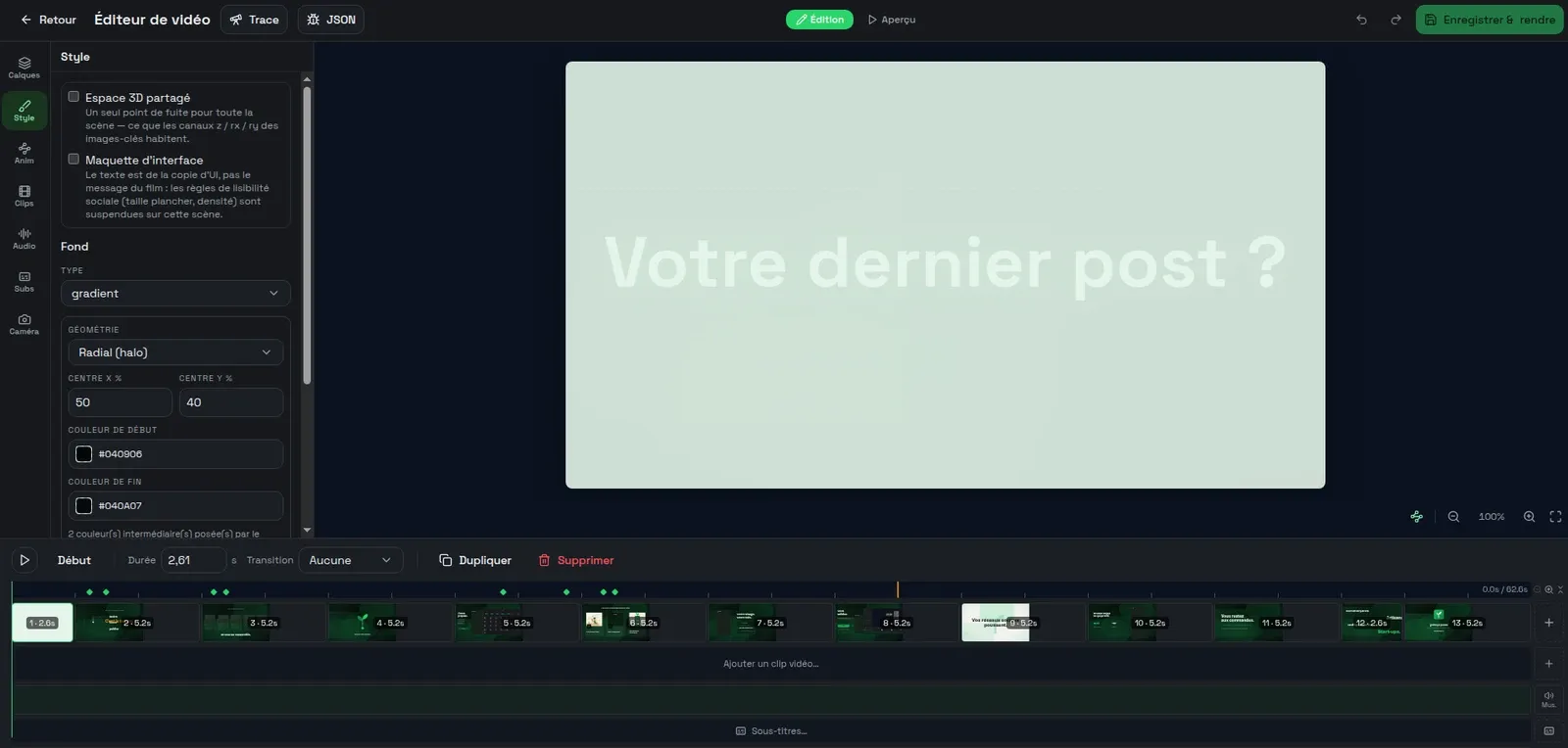 The graine qui pousse video editor: style panel on the left, scene preview in the center, scene timeline and audio tracks at the bottom.