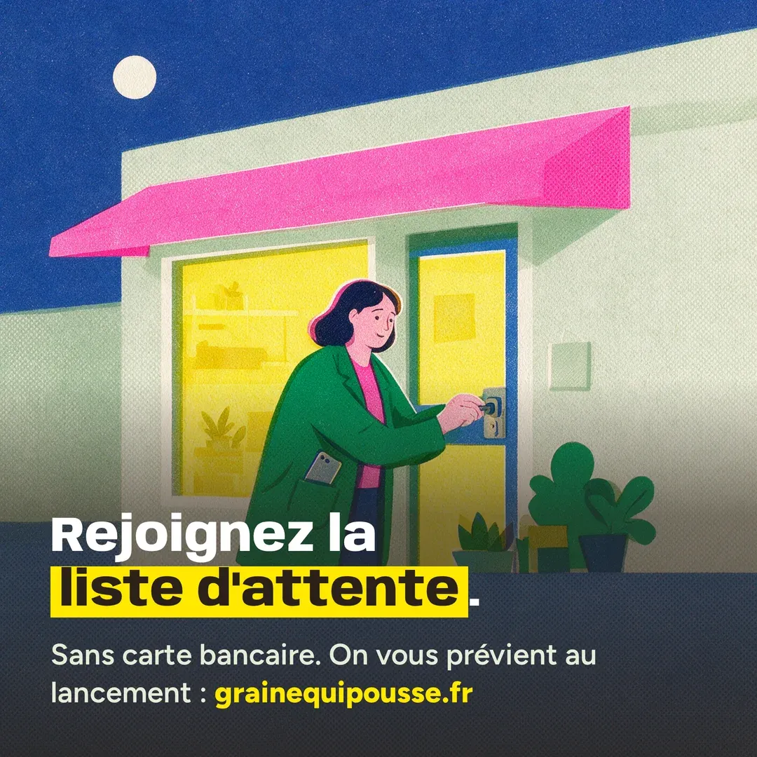 Slide 3 of 3. A shopkeeper in a green coat locks up her shop at nightfall. The French text says: “Join the waitlist. No credit card. We’ll let you know at launch: grainequipousse.fr”